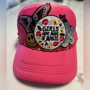 Girls Are Made of Magic Pink Trucker Patch Hat Cap with Chain